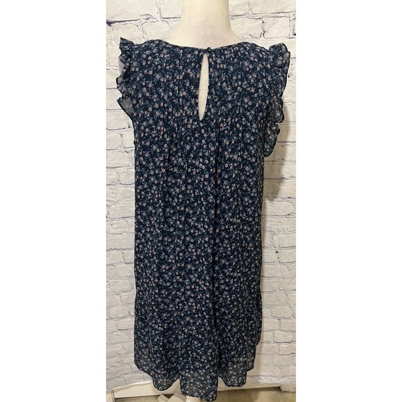 Joie Sleeveless Silk Prairie Dress Navy Blue Floral Print Pintuck & Ruffles L - Picture 4 of 6